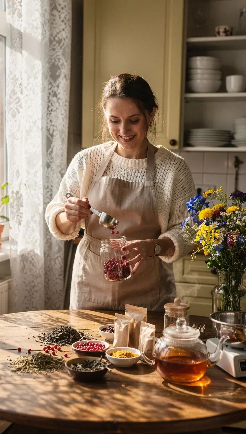 Švieži penkių skonių vaisiai, išdėstyti ant medinio stalo, simbolizuojantys sveiką ir subalansuotą gyvenimo būdą.